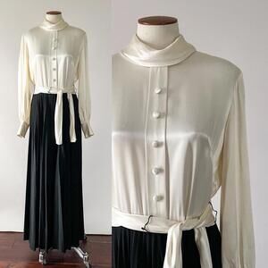 Vintage 70s White Satin Blouse Black Accordion Pleated Wide Leg Palazzo Pants M